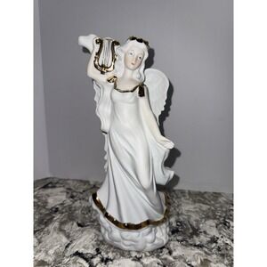 SASCO Crowned Angel Figurine With Harp 13" Tall White W/Gold Accents